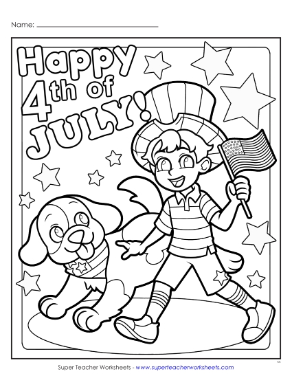 Coloring Pages - Happy 4th of July Boy & Dog (Printable PDF Worksheet)