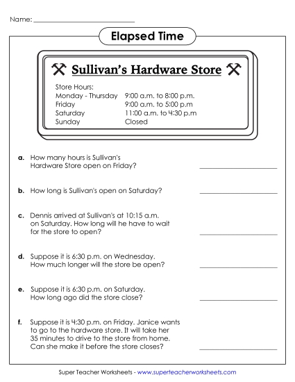Level: Intermediate 5 Minute Increments - Hardware Store - Elapsed Time Worksheet