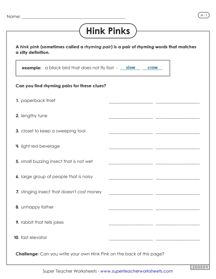 Level A: Easiest - Hink Pinks: Level A
