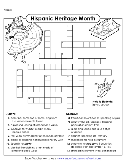 Puzzles & Games - Hispanic Heritage Month Crossword (Printable PDF Worksheet)