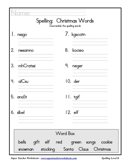 List B: Christmas - Holiday List - Christmas: Unscramble List B: Christmas - Holiday List - Christmas: Unscramble