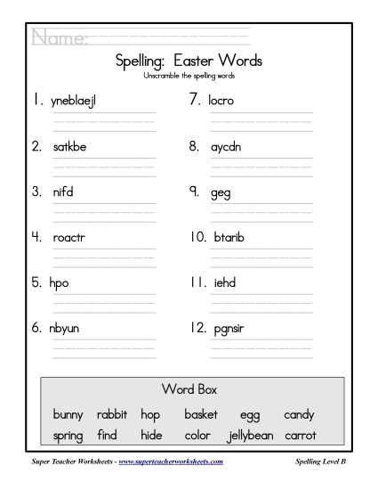 List B: Easter - Holiday List - Easter: Unscramble