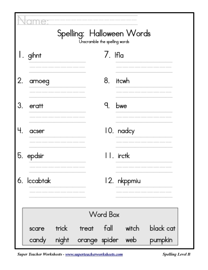 List B: Halloween - Holiday List - Halloween: Unscramble List B: Halloween - Holiday List - Halloween: Unscramble