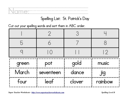 List B: Christmas - Holiday List -  St. Patrick's Day: ABC Order (Printable PDF Worksheet)