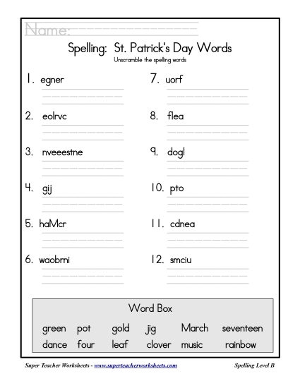 List B: Christmas - Holiday List - St. Patrick's Day: Unscramble