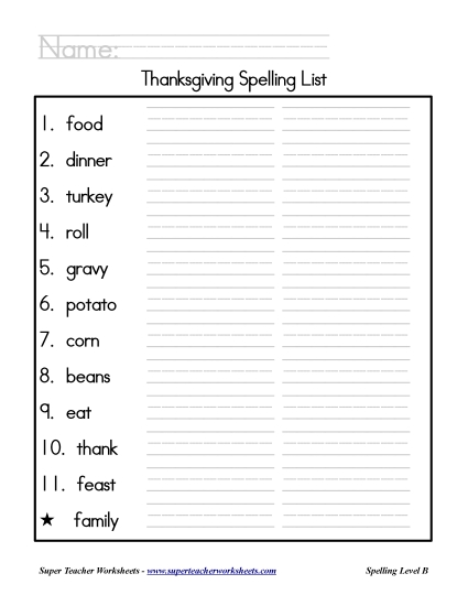 List B: Thanksgiving - Holiday List - Thanksgiving