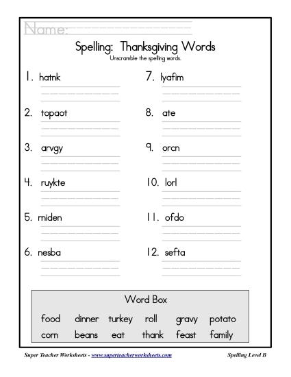 List B: Thanksgiving - Holiday List - Thanksgiving: Unscramble