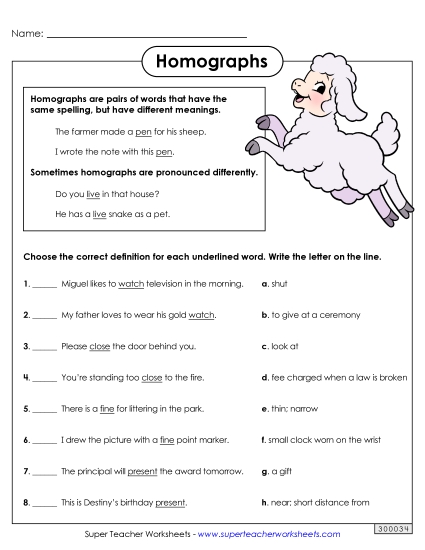 Homograph Worksheets - Homograph Matching