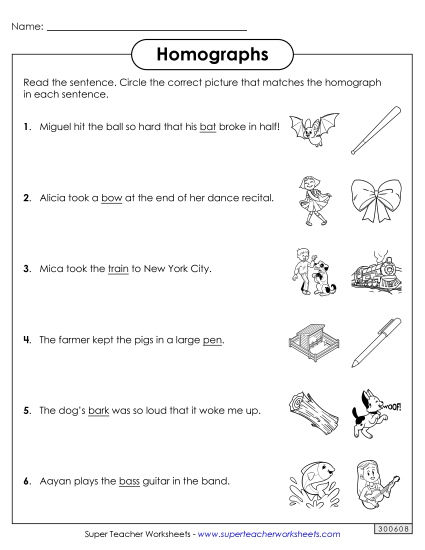 Homograph Worksheets - Homographs: Circle the Picture Worksheet 1