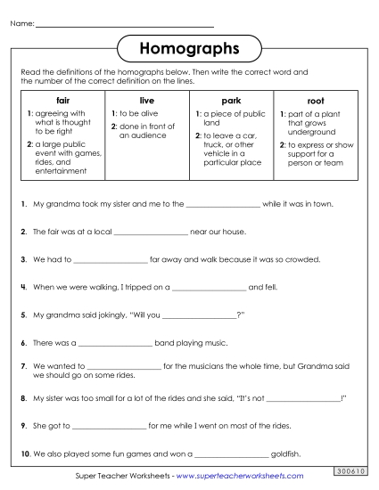 Homograph Worksheets - Homographs: Fill in the Blanks 1