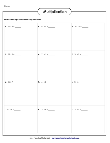 2-Digit Times 1-Digit Worksheets - Horizontal: 2-Digit x 1-Digit