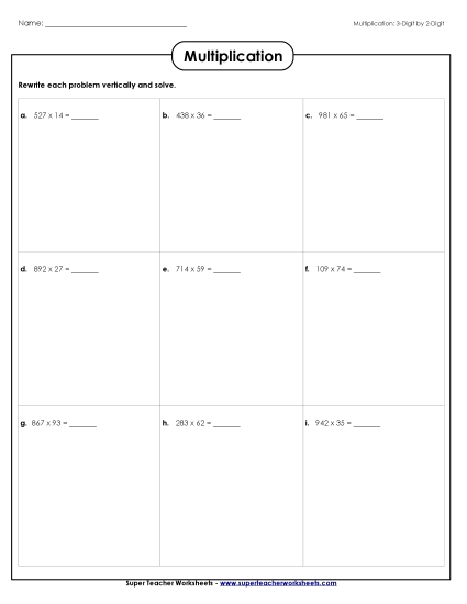 3-Digit Times 2-Digit Worksheets - Horizontal: 3-Digit x 2-Digit
