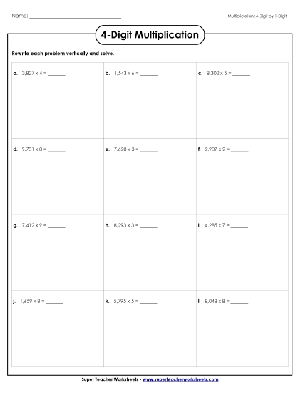 4-Digit Times 1-Digit Worksheets - Horizontal: 4-Digit x 1-Digit
