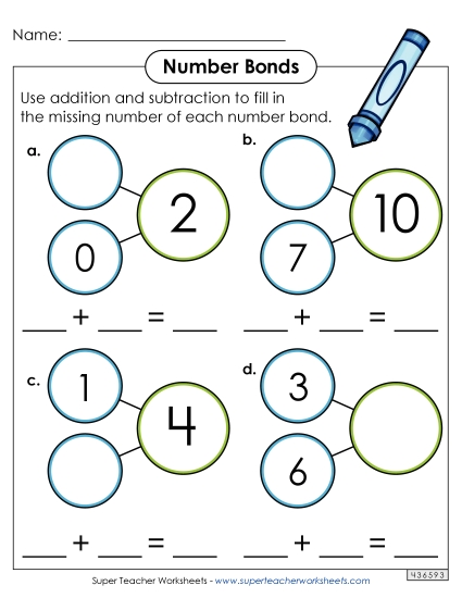 Number Bonds - Sums to 10 - Horizontal Number Bonds with Equations