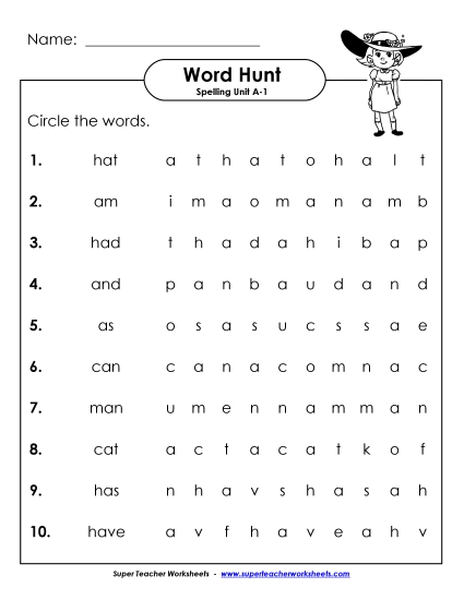 Worksheets - Horizontal Word Hunt (A-1)
