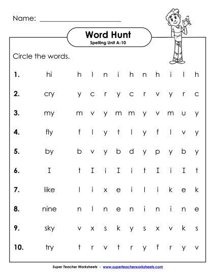 Worksheets - Horizontal Word Hunt (A-10)