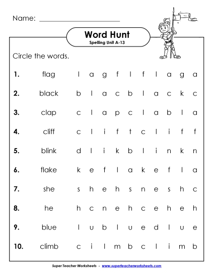 Worksheets - Horizontal Word Hunt (A-13)