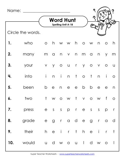 Worksheets - Horizontal Word Hunt (A-18)