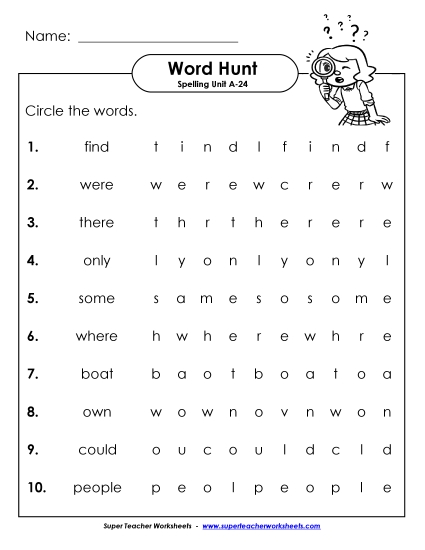Worksheets - Horizontal Word Hunt (A-24)