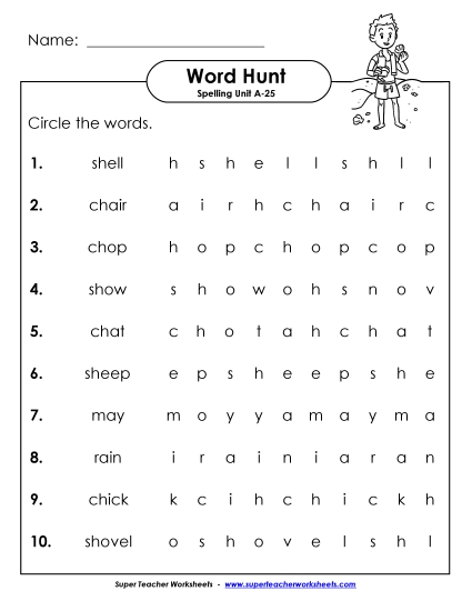 Worksheets - Horizontal Word Hunt (A-25)