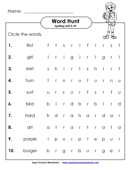 Worksheets - Horizontal Word Hunt (A-29)