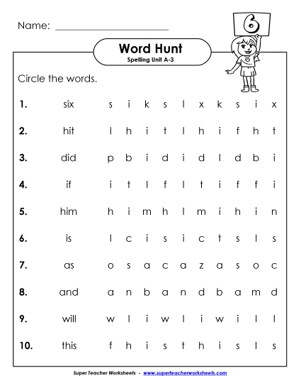 Worksheets - Horizontal Word Hunt (A-3)