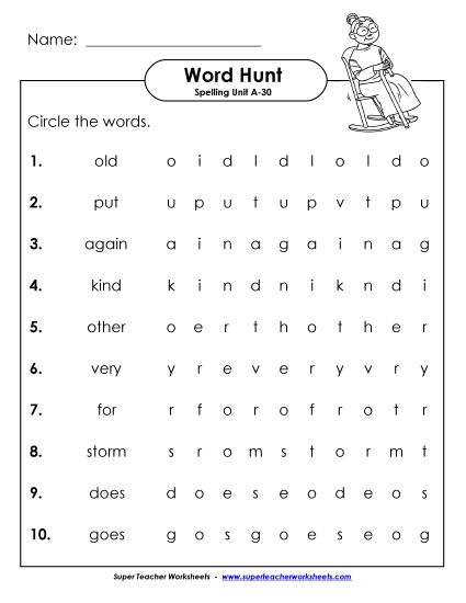 Worksheets - Horizontal Word Hunt (A-30)