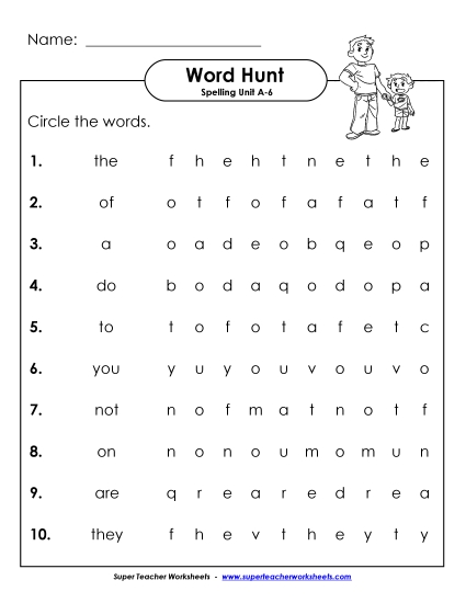 Worksheets - Horizontal Word Hunt (A-6)