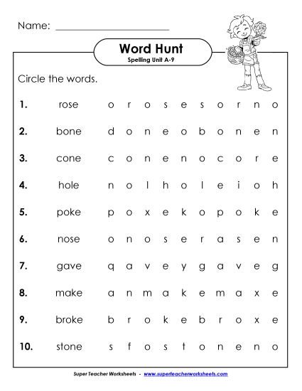 Worksheets - Horizontal Word Hunt (A-9)