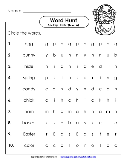 Worksheets - Horizontal Word Hunt (A-Easter)