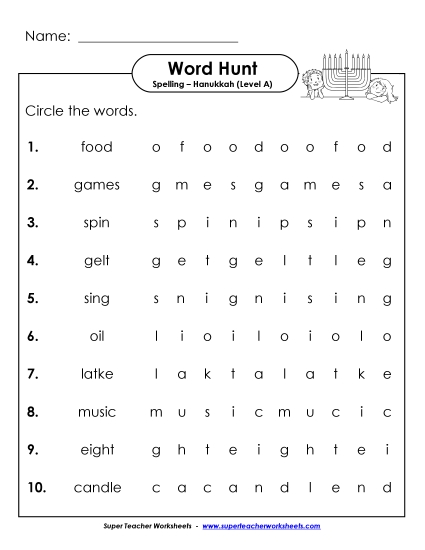 Worksheets and Activities - Horizontal Word Hunt (A-Hanukkah)