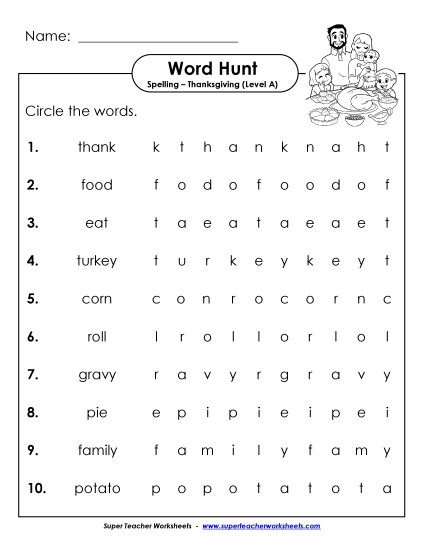 Worksheets - Horizontal Word Hunt (A-Thanksgiving) 