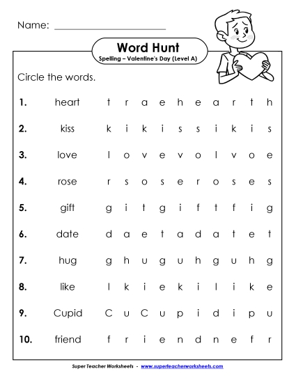 Worksheets and Activities - Horizontal Word Hunt (A-Valentine's Day)