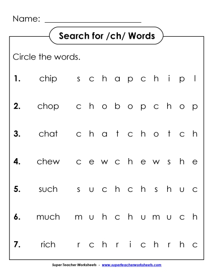 Worksheets - Horizontal Word Hunt: ch