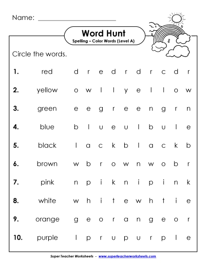 Worksheets and Activities - Horizontal Word Search (A-Color Words) Worksheets and Activities - Horizontal Word Search (A-Color Words)