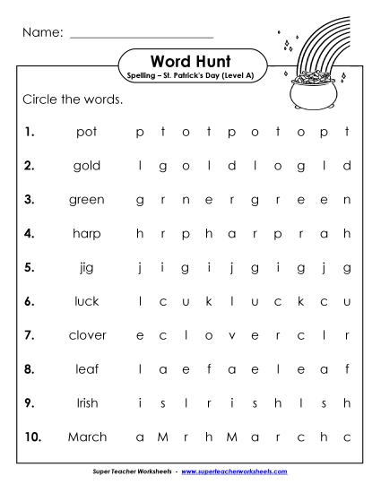 Worksheets - Horizontal Word Search (A-St. Patrick's Day) Worksheets - Horizontal Word Search (A-St. Patrick's Day)