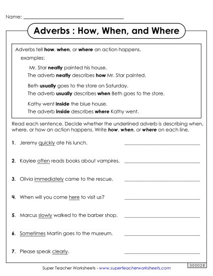 Adverb Worksheets - How, When, Where Adverbs