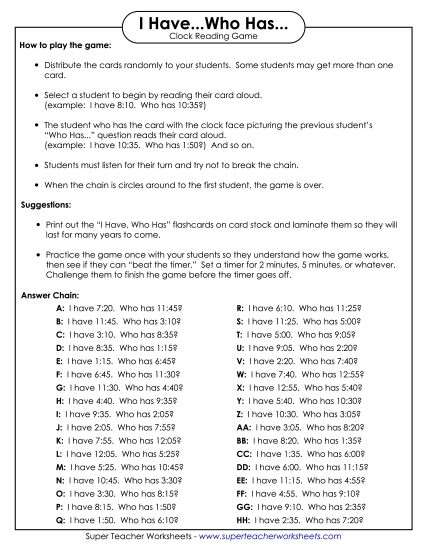 Reading Clocks: Nearest 5 Minutes - I have... Who has... Game