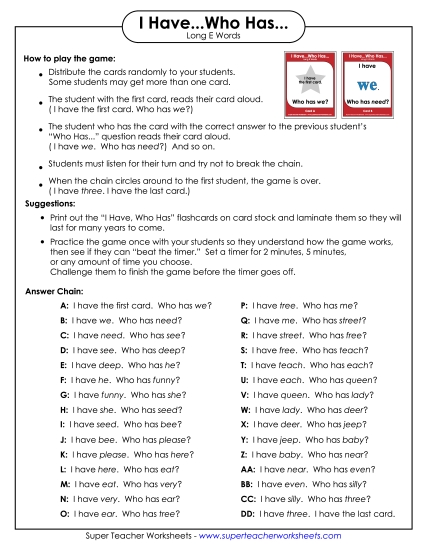 Games & Learning Centers - I have.. Who has... (Long E) Games & Learning Centers - I have.. Who has... (Long E)