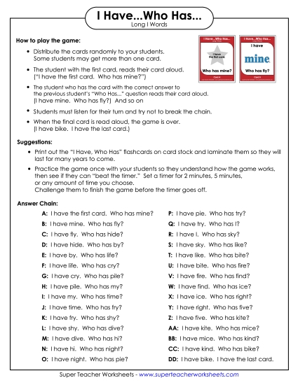 Games & Learning Centers - I have.. Who has... (Long I) Games & Learning Centers - I have.. Who has... (Long I)