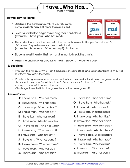 Games & Learning Centers - I have.. Who has... (Short A)