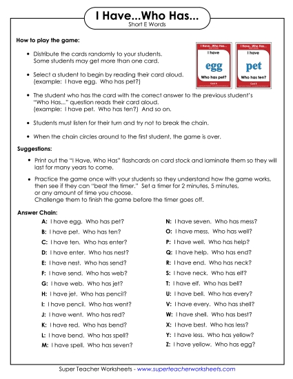 Games & Learning Centers - I have.. Who has... (Short E)
