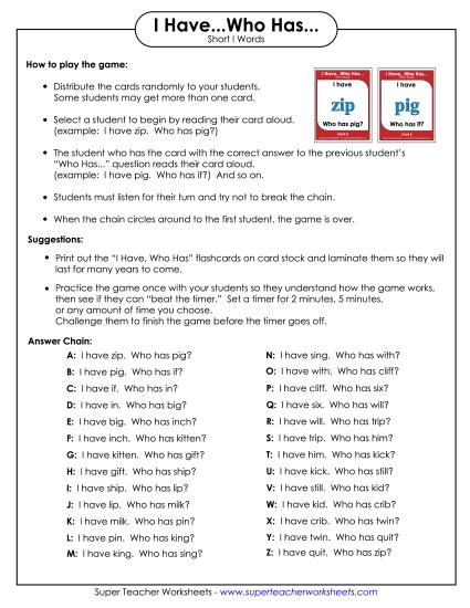 Games and Learning Centers - I have.. Who has... (Short I)