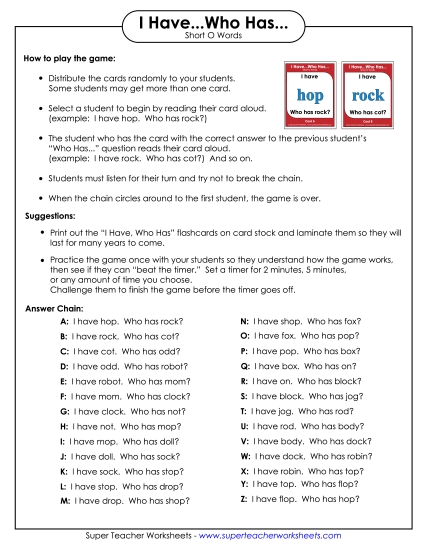Games & Learning Centers - I have.. Who has... (Short O)