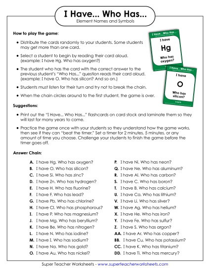 Classroom Games & Activities - I Have...Who Has Element Names and Symbols (Printable PDF Worksheet)