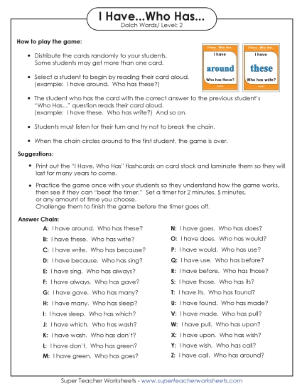 Level 2 - I have/Who has Game: Level 2