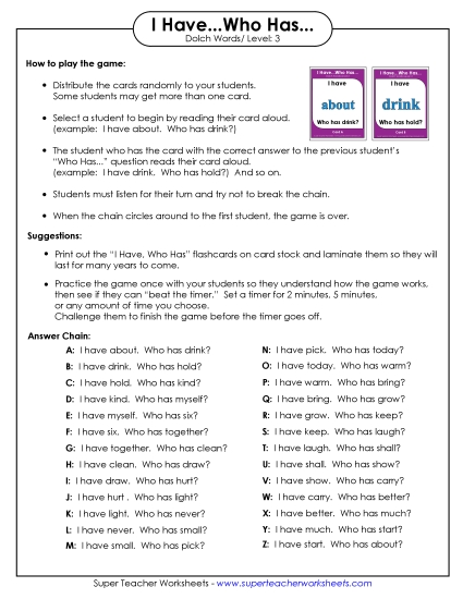 Level 3 - I have/Who has Game: Level 3
