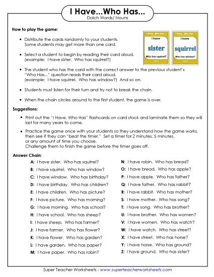 Nouns - I have/Who has Game: Nouns