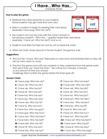 Classroom Tools and Games - I Have...Who Has... Nonsense Words