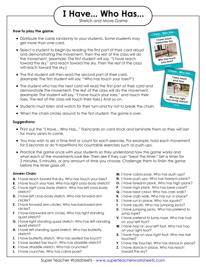 Games & Experiments - I Have...Who Has Stretch and Move Game (Printable PDF Worksheet)